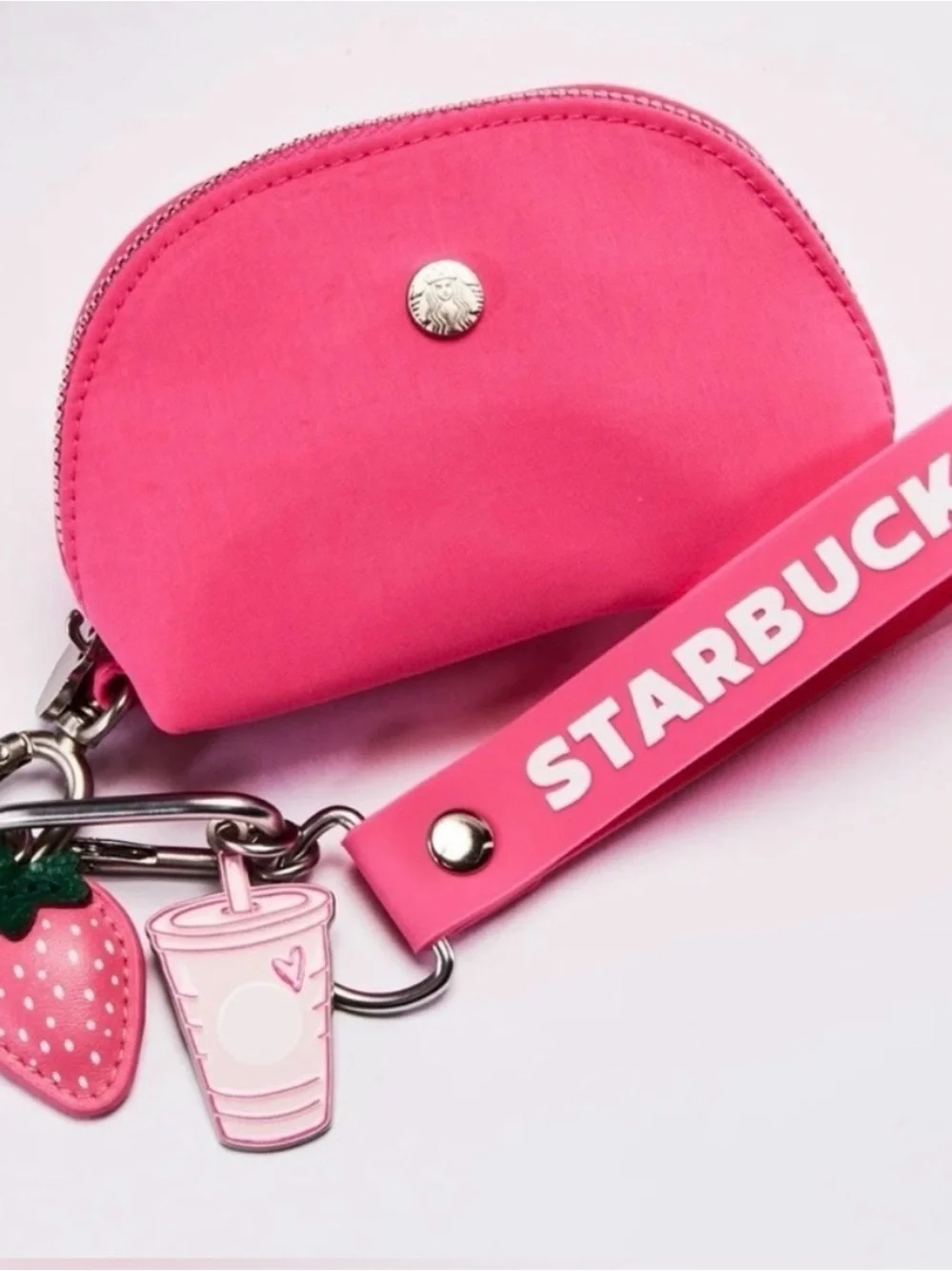 Starbucks Hot Pink Coin Pouch Keychain with Strawberry & Cup Charms